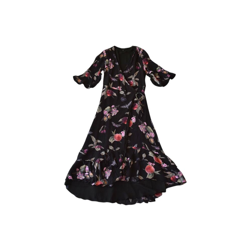 ALLSAINTS Delana Soleil Printed Maxi True Wrap Dress Size 2 Black Fruit - Picture 1 of 7